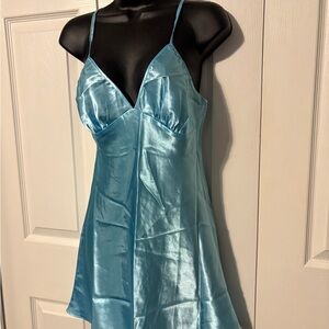 La Vie En Rose Light Blue Satin Chemise with Adjustable Straps